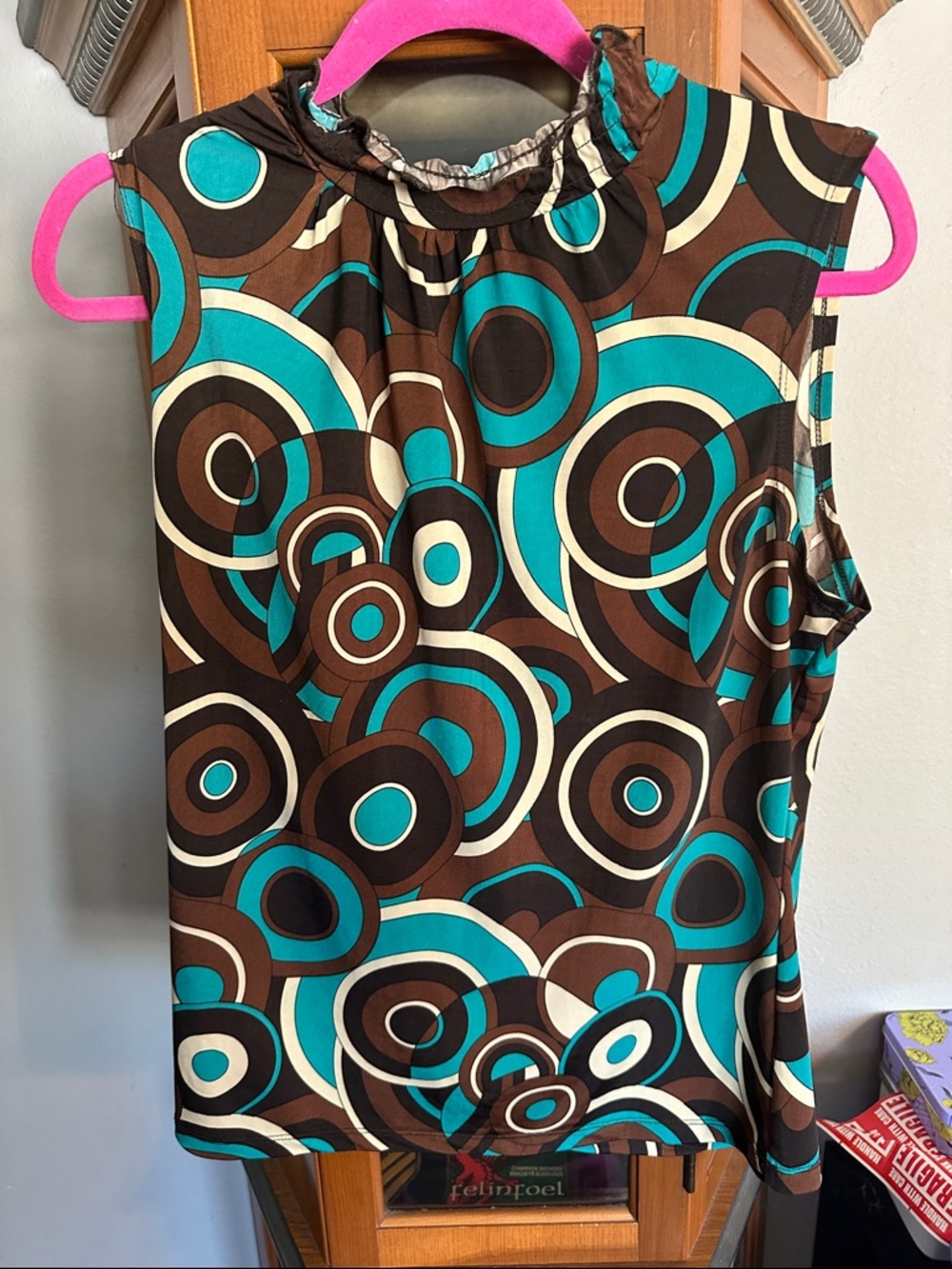 Y2K Sleeveless Retro Circle Print Camisole in Brown & Teal